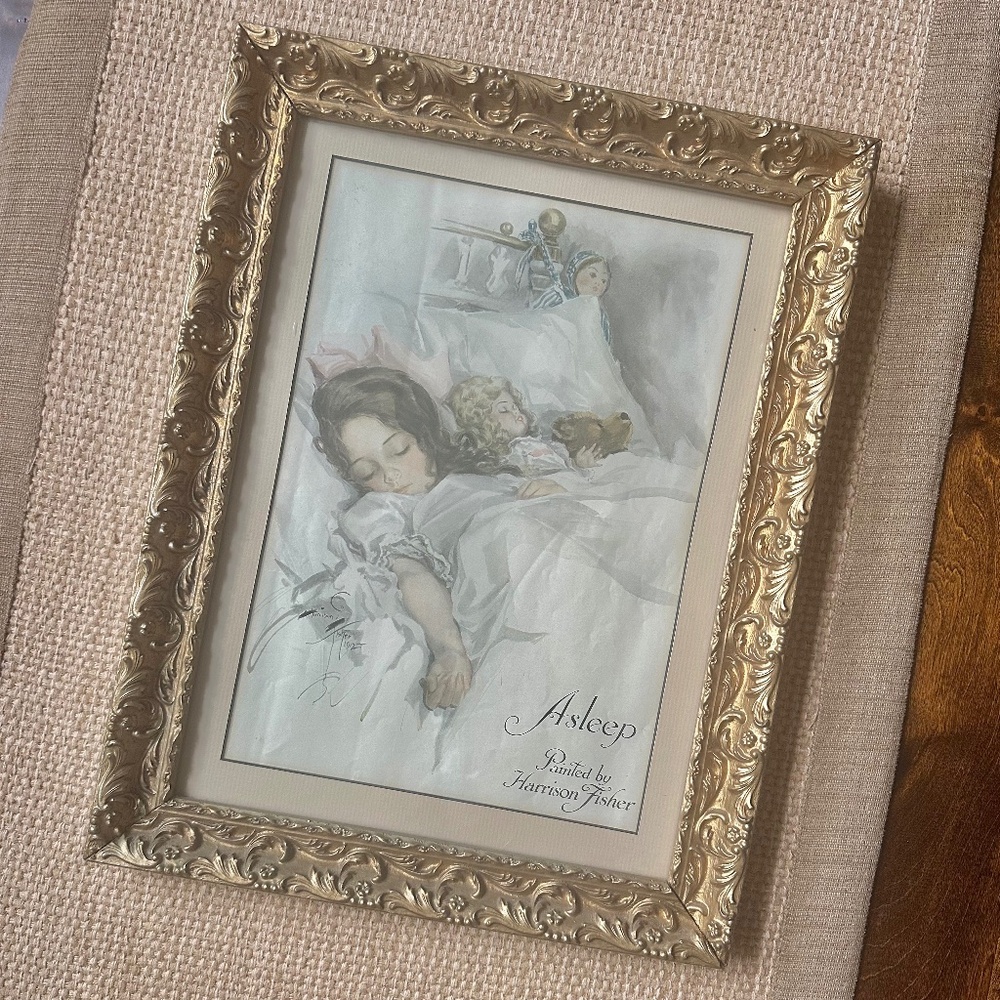 Antique gold Gilded ornate wood frame Harrison Fisher 1912 art print Asleep